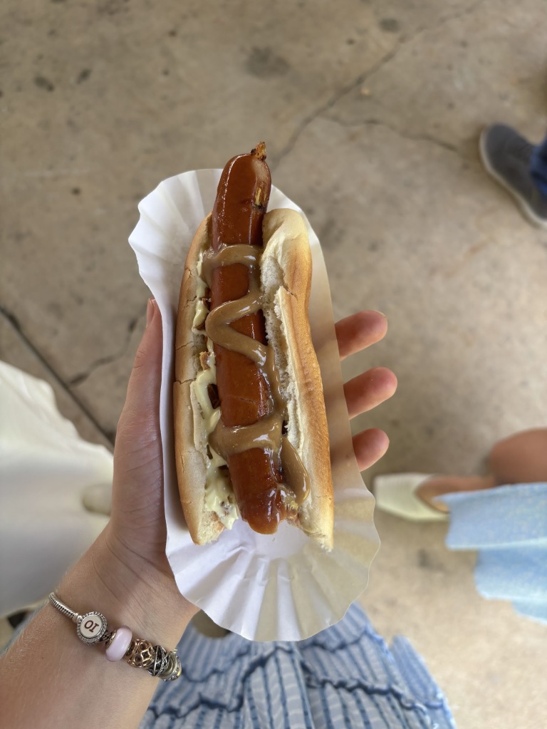 hand holding a hot dog